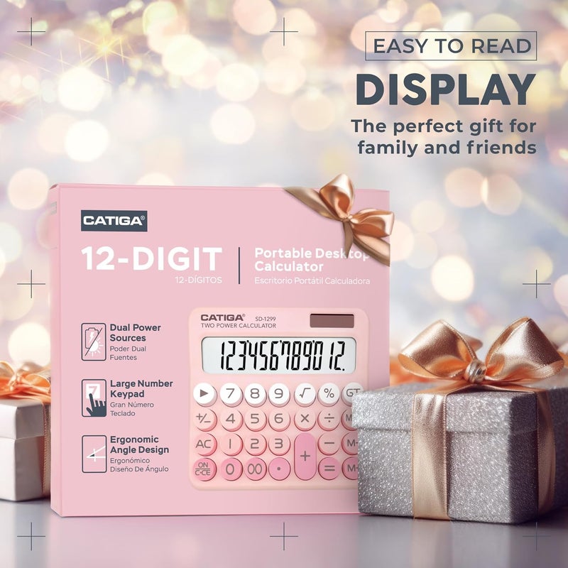 CATIGA Mechanical Switch Calculator with Solar and Battery Dual Power, 12-Digit Large LCD Display, Aesthetic and Cute Desktop Calculator with Big Button, for Home, School and Office Use, SD-1299 - Image 3